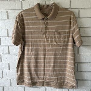 St Johns Bay Short Sleeve Pocket Polo Shirt Men Size XL Tan Striped 100% Cotton